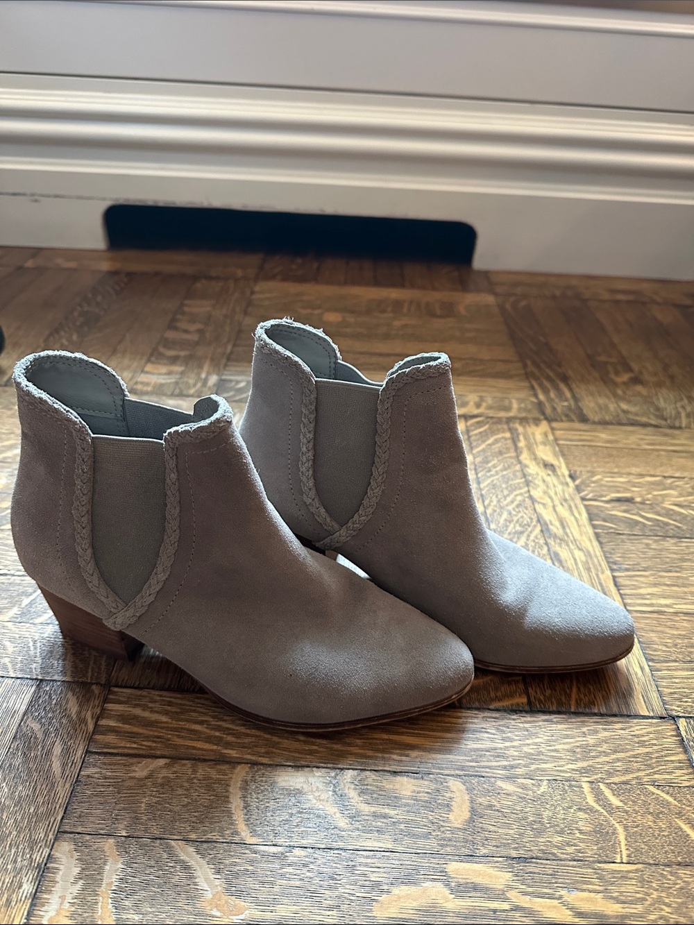 Aldo Light Gray Suede Ankle Booties with Braided Trim